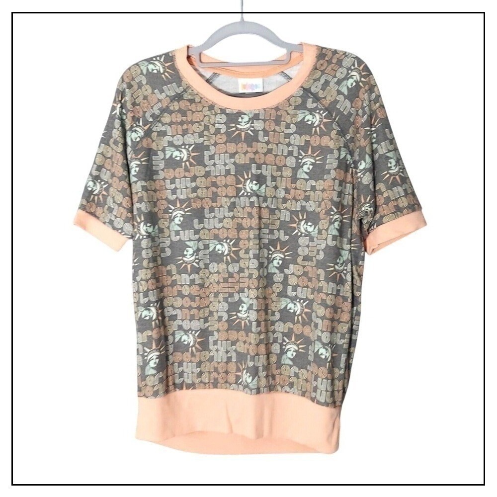 LuLaRoe Top XS Gray Statue of Liberty Graphic‎ Raglan Patriotic Casual USA Shirt